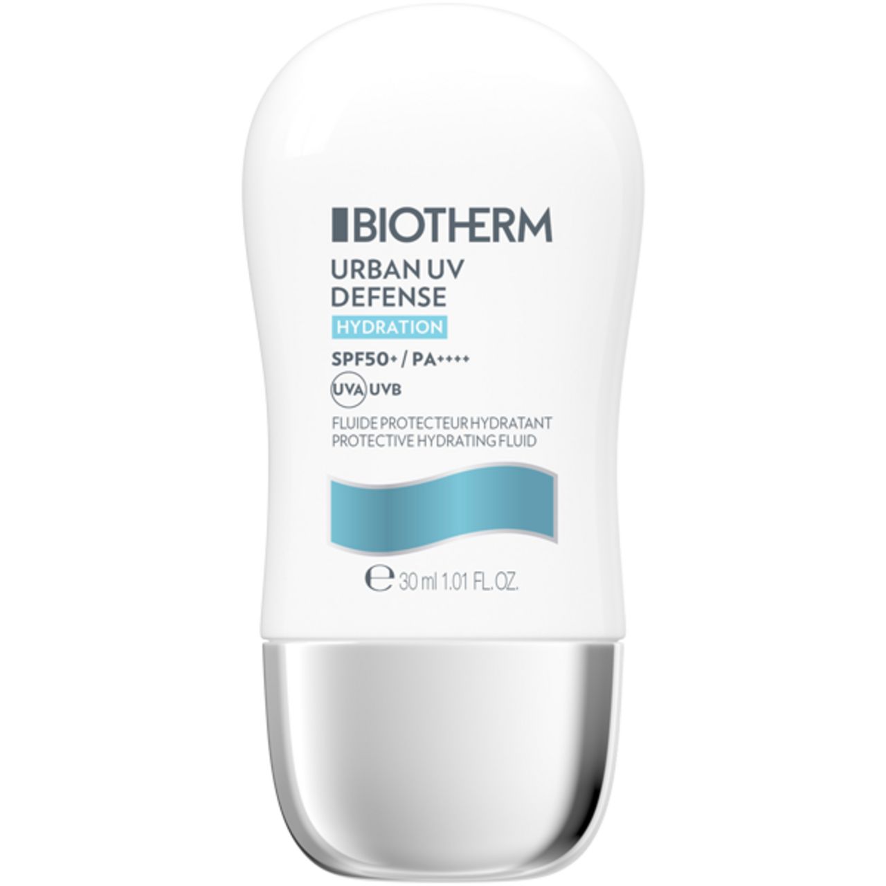 Flacone bianco con base argentata. Scritta Biotherm Urban UV Defense Hydration SPF50+/PA. Linea orizzontale blu.