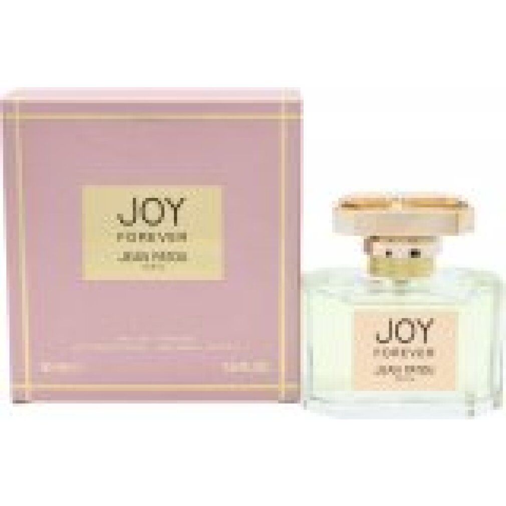 Flacone di profumo e scatola. Scritta: JOY FOREVER JEAN PATOU PARIS. Scatola rosa, testo dorato. Flacone con tappo dorato.