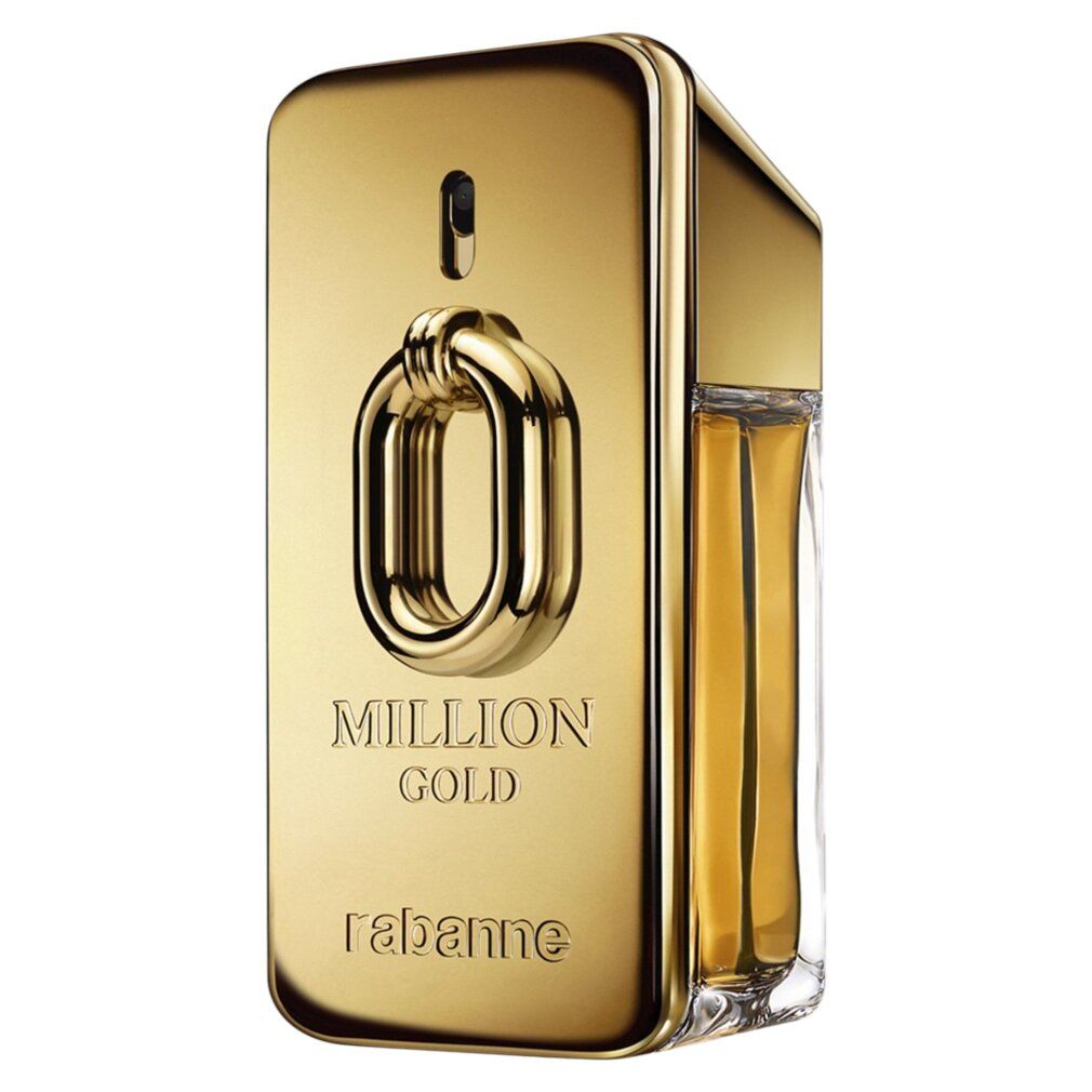 Flacone dorato con scritta "Million Gold" e "rabanne". Forma rettangolare, chiusura dorata.