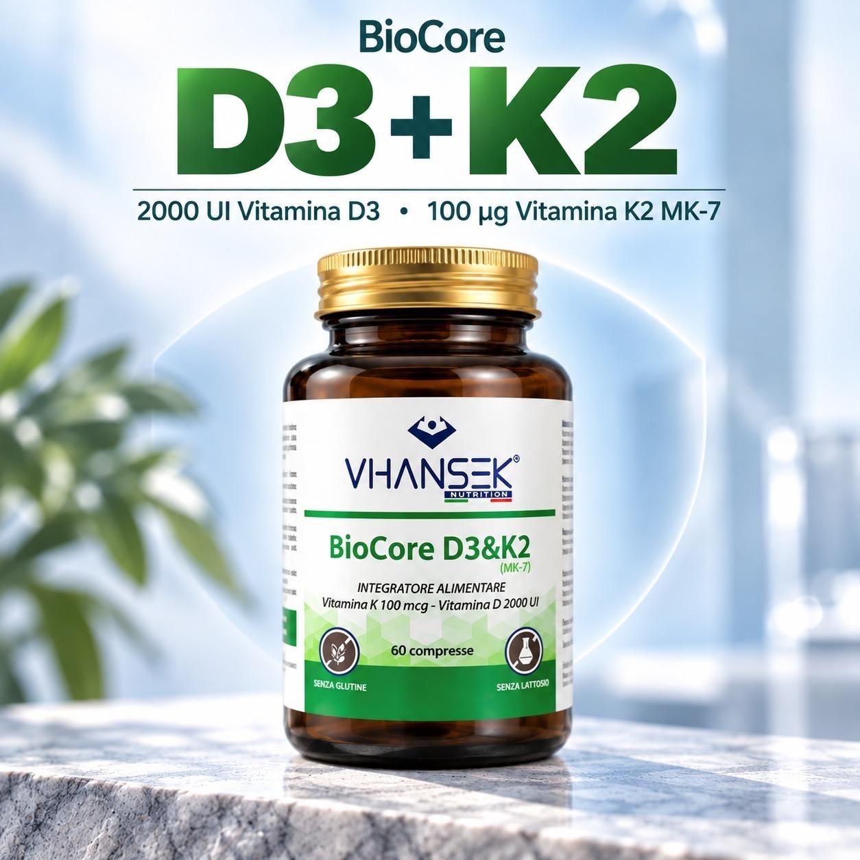 Flacone da 60 capsule BioCore D3+K2, 2000 UI Vitamina D3, 100 mcg Vitamina K2 MK-7.