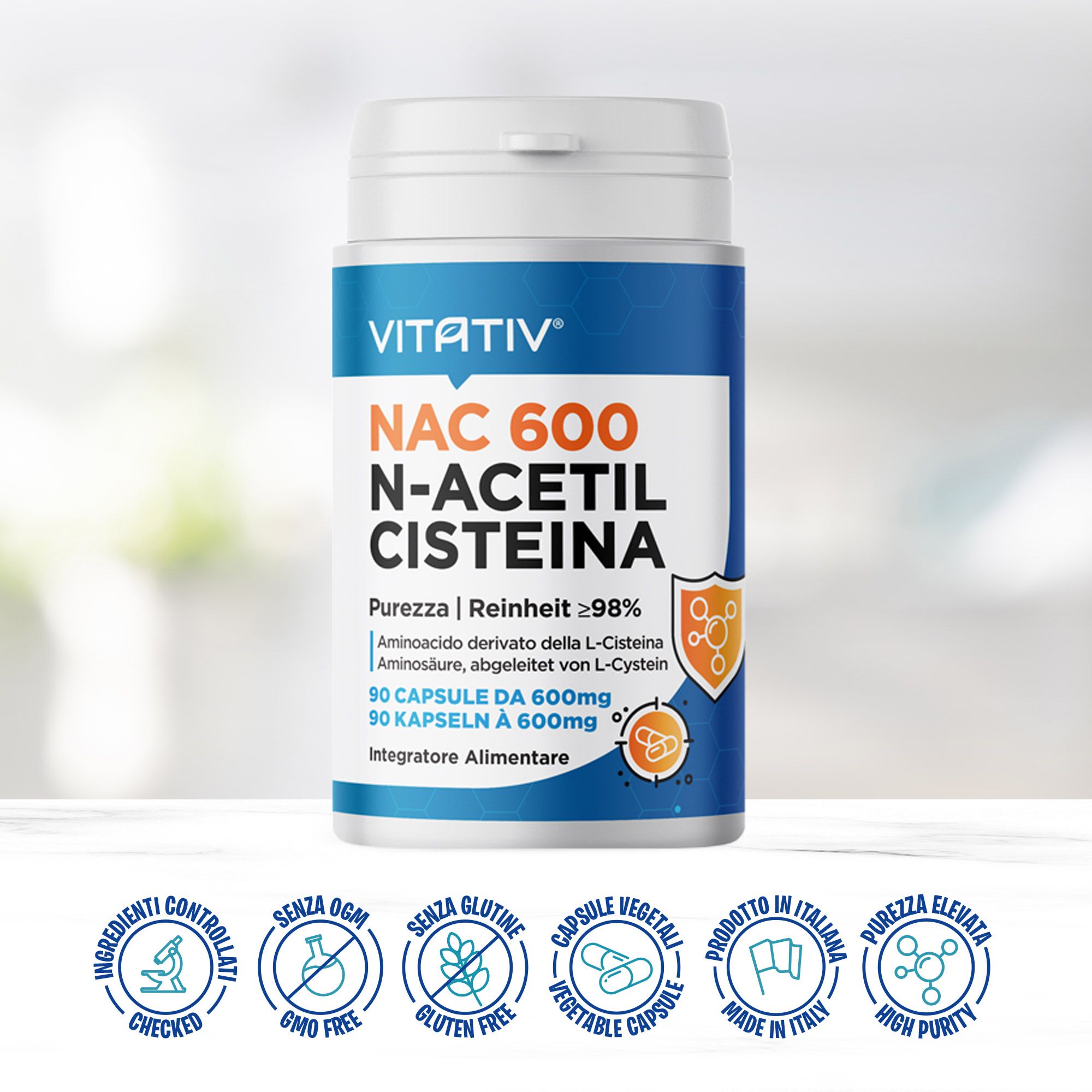 VITATIV® NAC 600 N-Acetil-L-Cisteina | 90 Capsule Vegetali | Nac Elevata Purezza