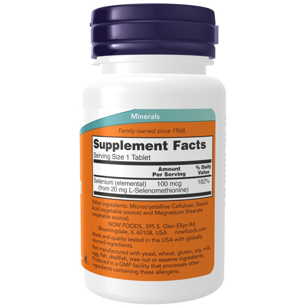 Retro del flacone. Scritta: Supplement Facts, Selenium 100 mcg. Elenco ingredienti. Logo NOW FOODS. Fabbricato negli USA.
