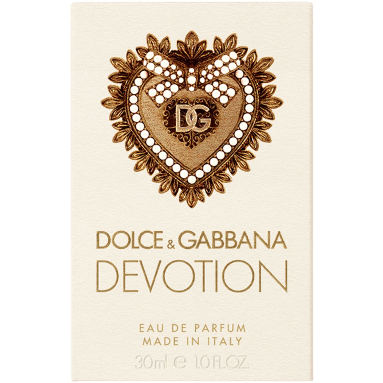 Confezione con 'Dolce & Gabbana Devotion'. Emblema a forma di cuore con logo 'DG'.