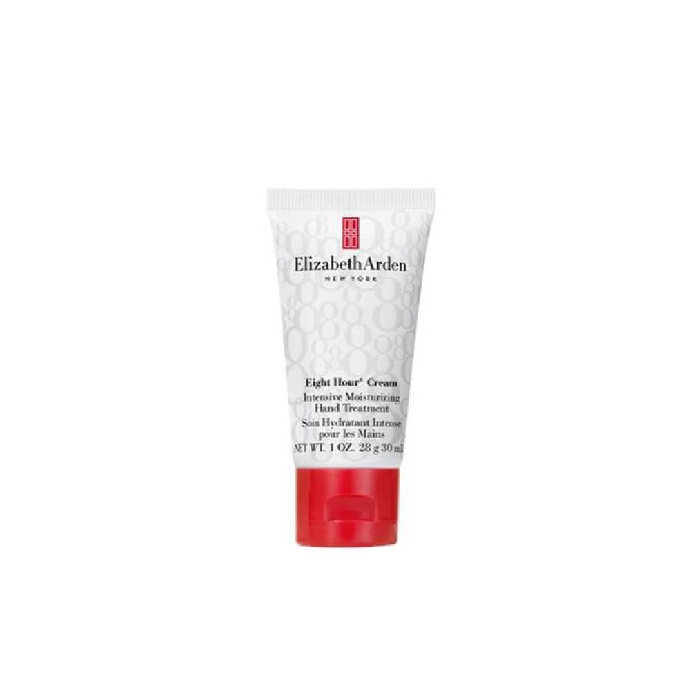 Tubo bianco con tappo rosso. Scritta: Elizabeth Arden, Eight Hour Cream, Trattamento Mani Idratante Intensivo.