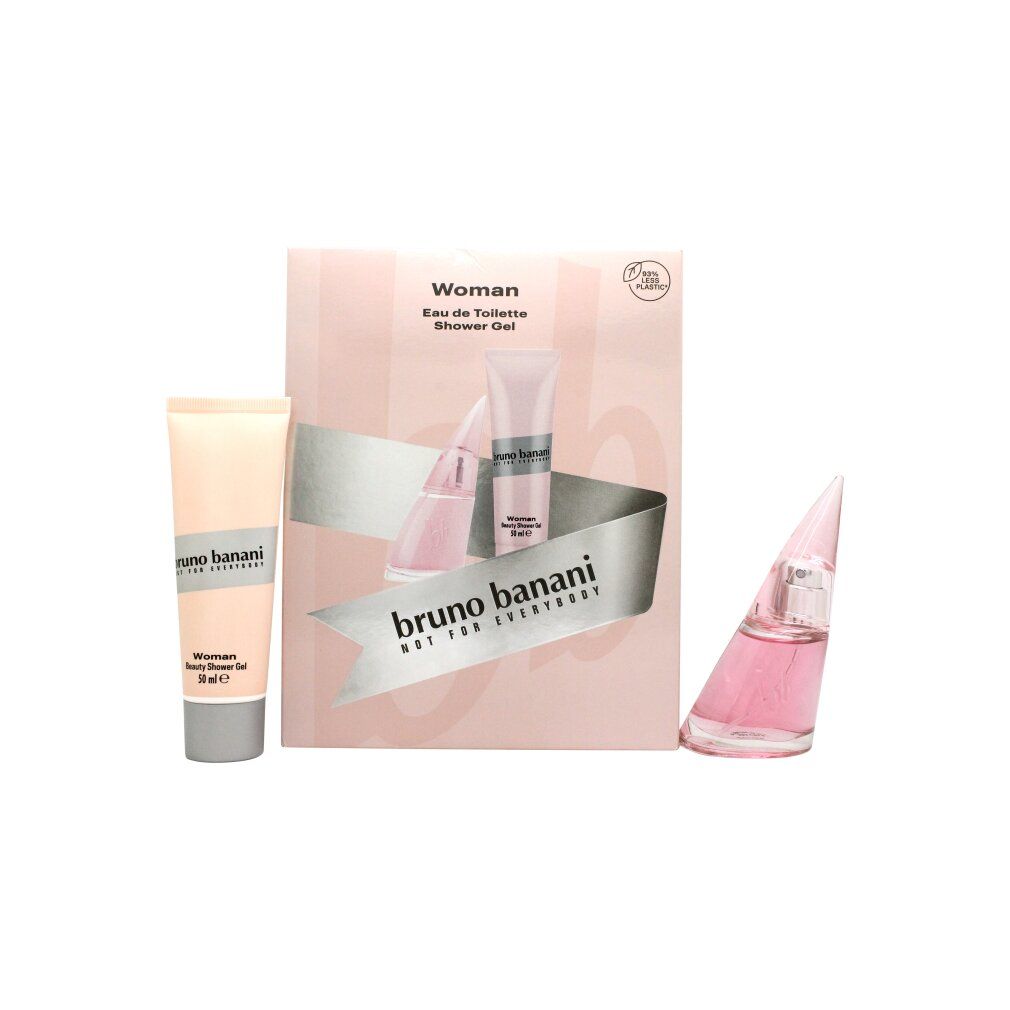 Cofanetto regalo con flacone rosa, tubo e confezione. Scritta: Bruno Banani. Eau de Toilette e Shower Gel.