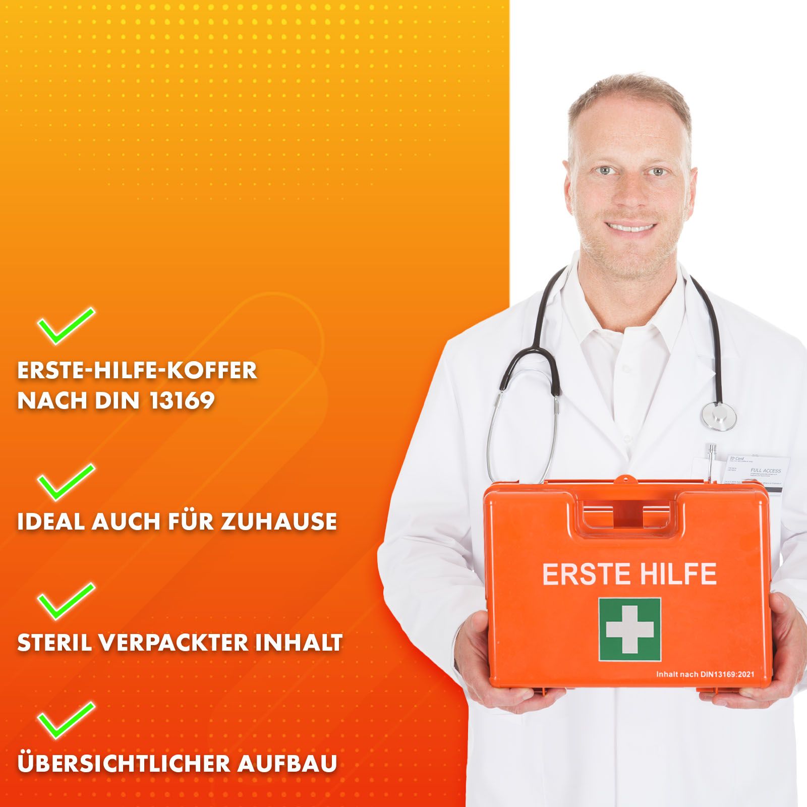 Medico tiene valigetta di pronto soccorso arancione. Spunte verdi: DIN 13169, ideale per la casa, contenuto sterile, struttura chiara.
