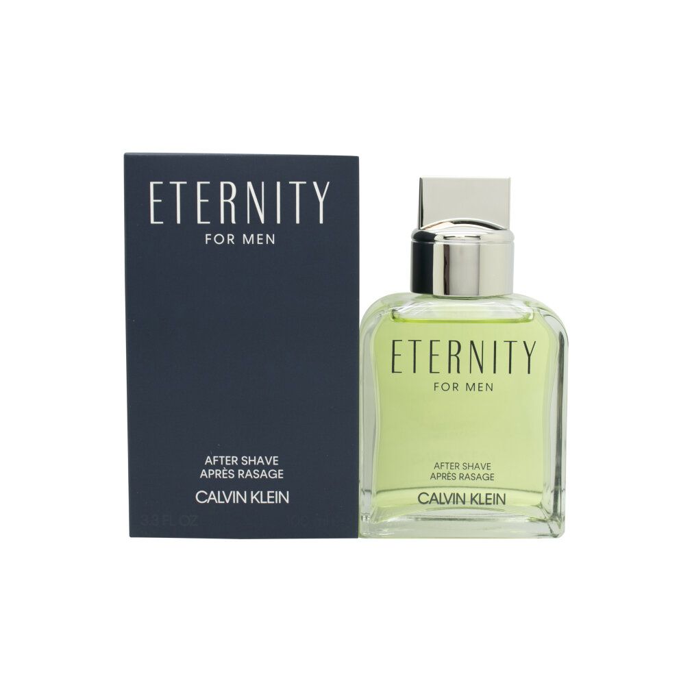 Flacone dopobarba con confezione blu. Scritta: Eternity for men, Calvin Klein. Flacone con tappo argentato.