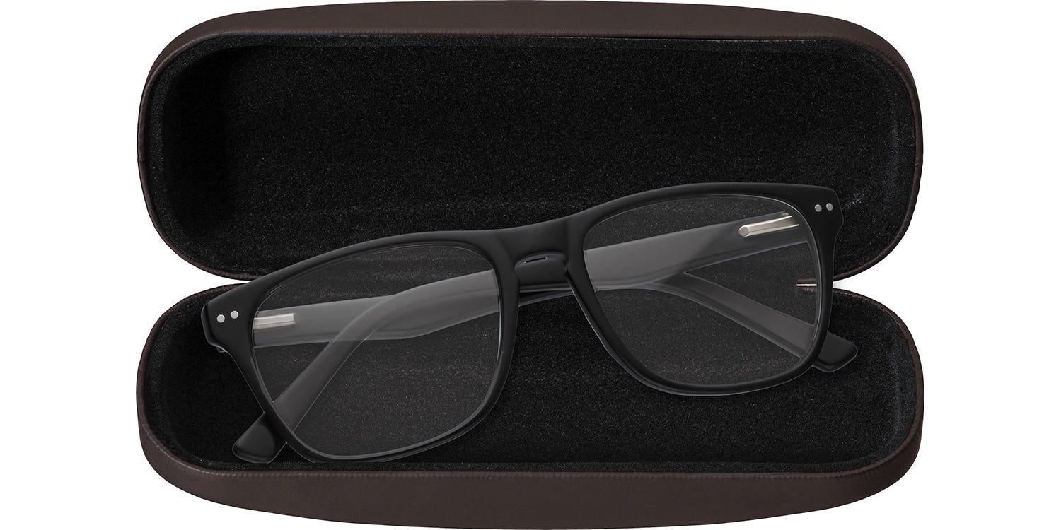 Astuccio rigido marrone aperto. Occhiali con montatura nera all'interno.