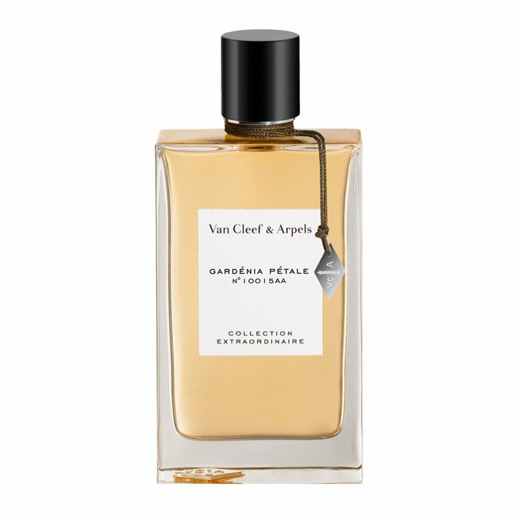 Flacone di profumo rettangolare con nastro marrone e ciondolo. Trasparente, liquido dorato. Tappo nero. Testo: Van Cleef & Arpels, Gardenia Pétale.