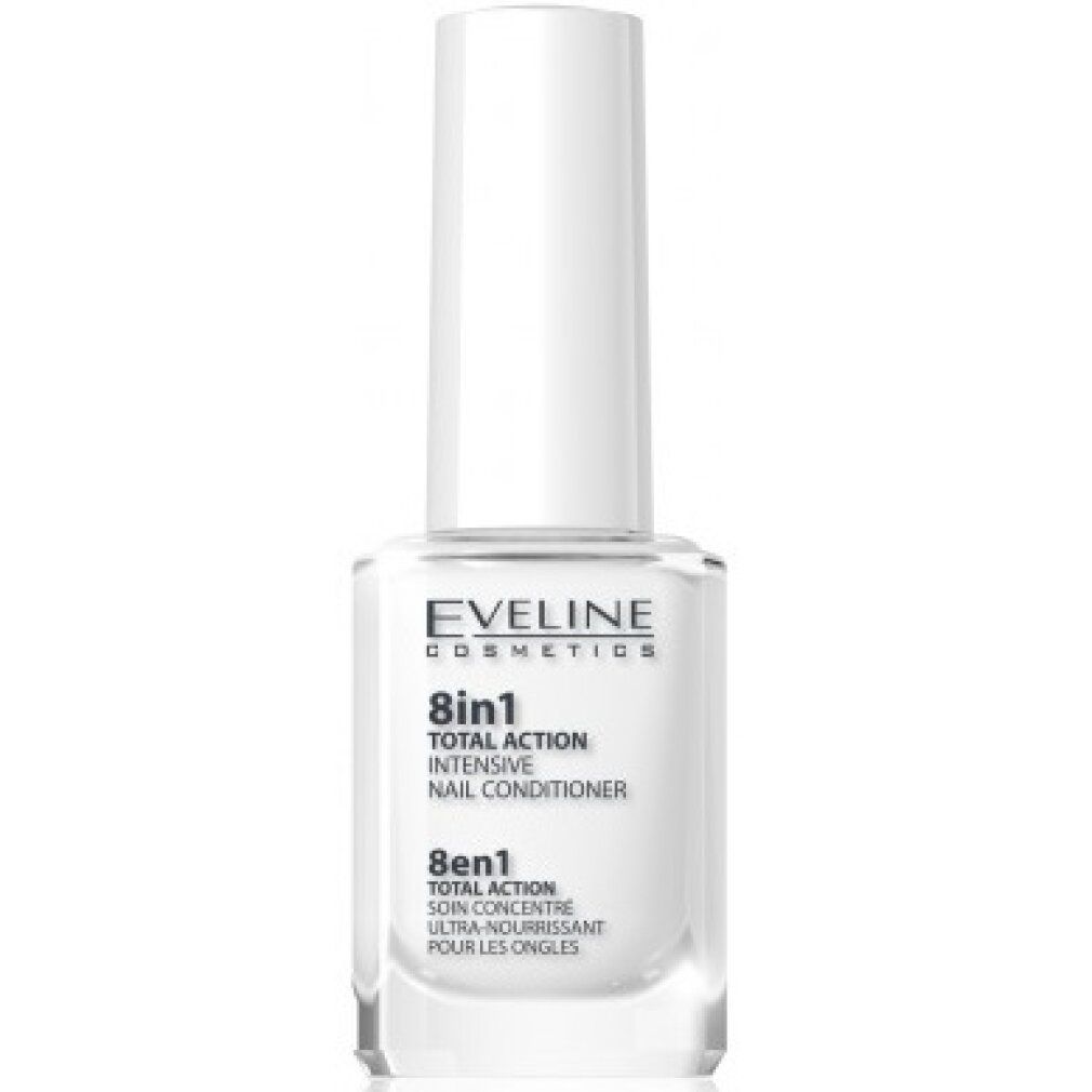 Prodotto per la cura delle unghie con tappo bianco e flacone in vetro. Scritta: 8in1 Total Action, Intensive Nail Conditioner. Marchio Eveline Cosmetics.