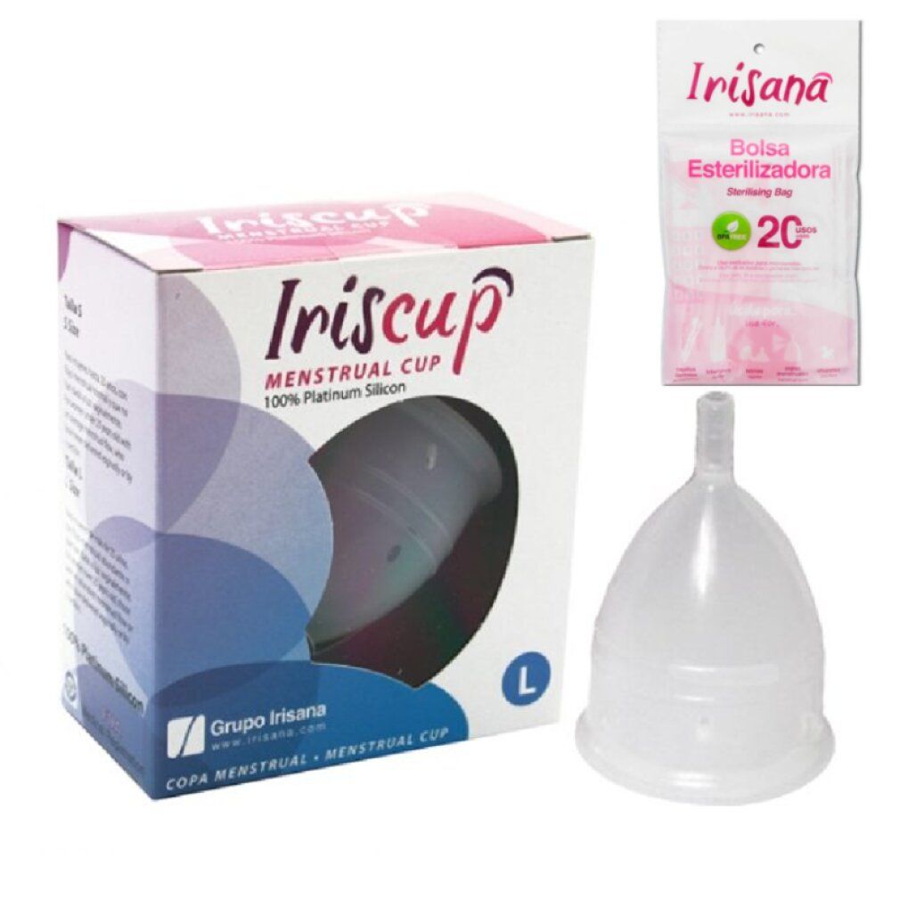 Coppetta mestruale Iriscup taglia L, bianca, con sacchetto sterilizzatore e confezione.