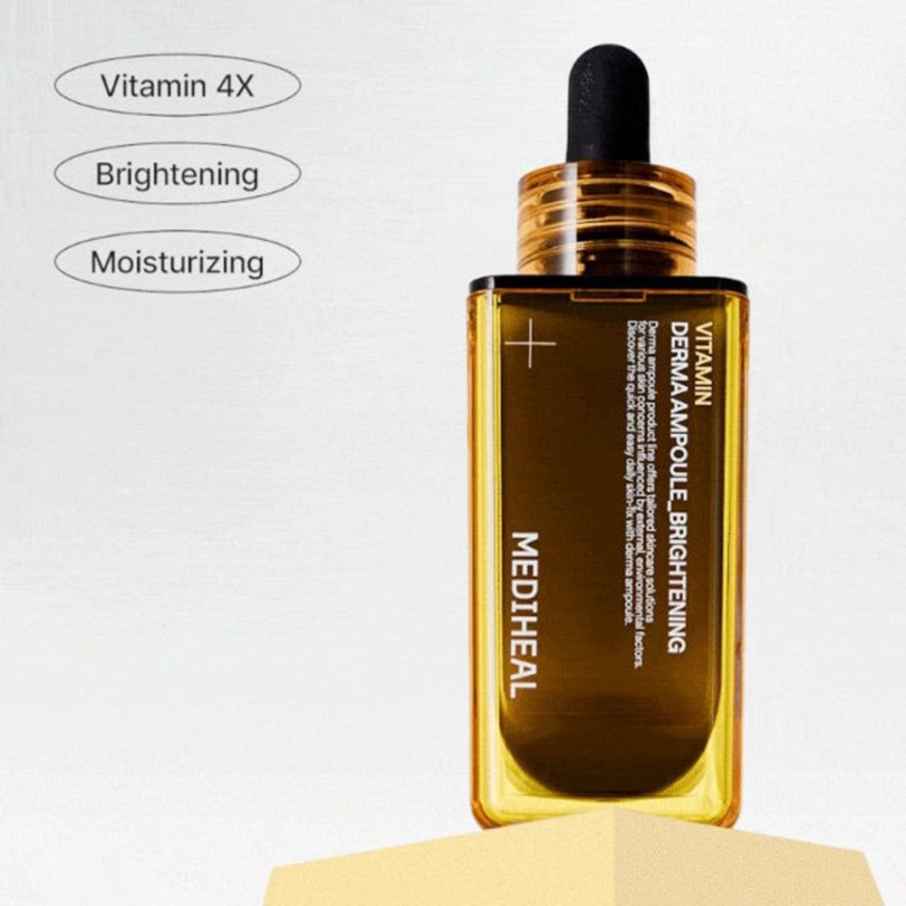 Flacone rettangolare marrone con bordo giallo e contagocce nero. Scritta: Vitamin Derma Ampoule Brightening, MEDIHEAL. Testo: Vitamina 4X.