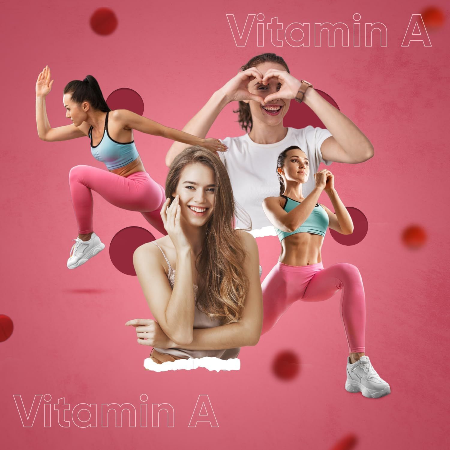 Collage di donne in abbigliamento sportivo. Testo: Vitamina A. Cerchi rossi sullo sfondo.