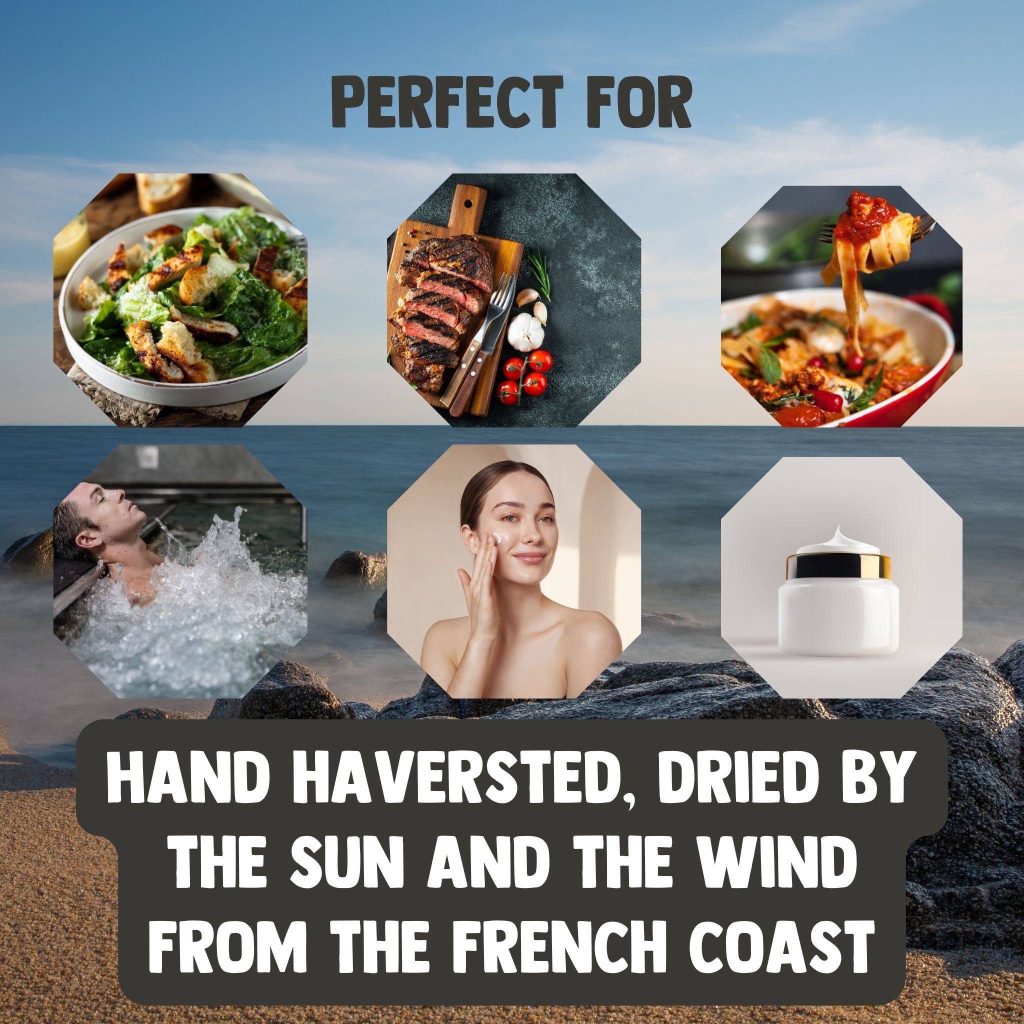 Sale, testo: Raccolto a mano, essiccato dal sole e dal vento della costa francese. Immagini di cibo e persone.