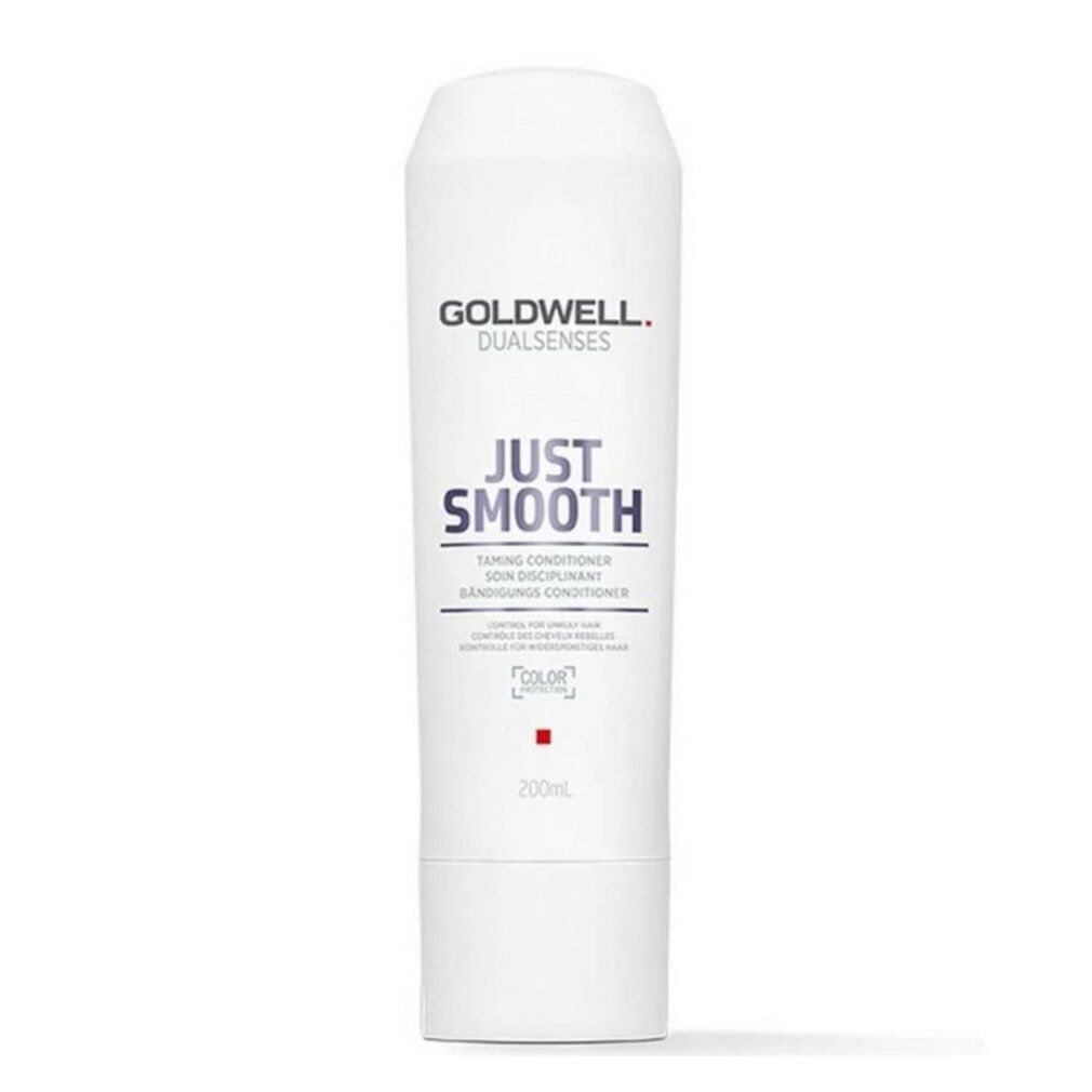 Flacone bianco Goldwell Dualsenses Just Smooth Conditioner. Testo: Taming Conditioner, 200ml. Per capelli colorati.