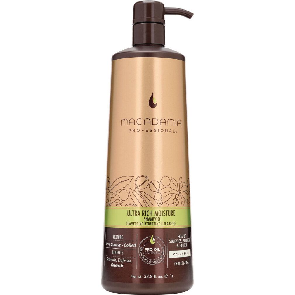 Flacone di shampoo marrone con dosatore. Etichetta dorata con nome e dettagli del prodotto. Logo Macadamia Professional visibile.