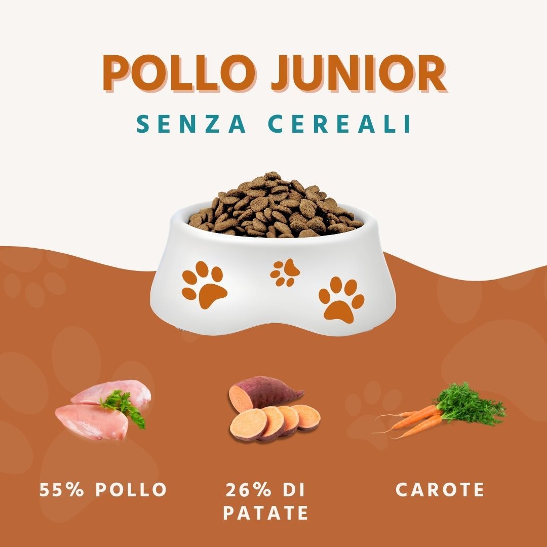 Ciotola di cibo secco, pollo, patate dolci e carote. Testo: Pollo Junior, senza cereali, 55% Pollo, 26% di Patate, Carote.