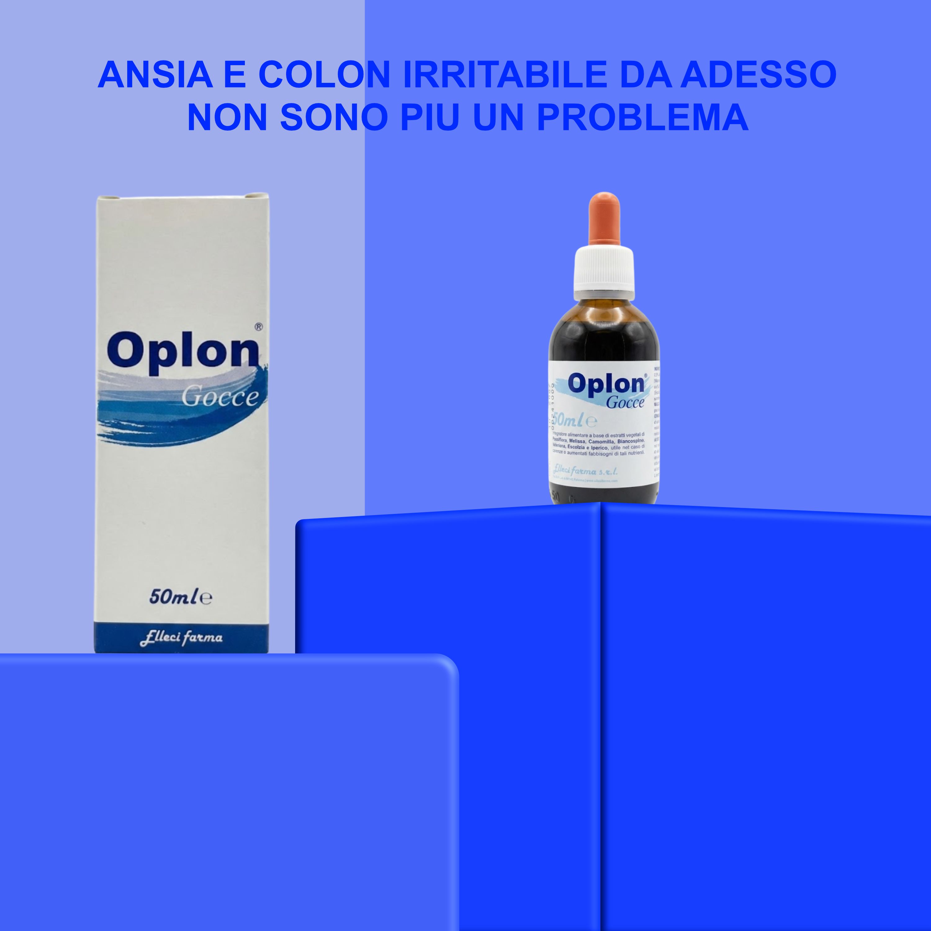 Flacone e scatola del prodotto. Scritta "Oplon Gocce". Flacone con contagocce rosso. Sfondo blu.