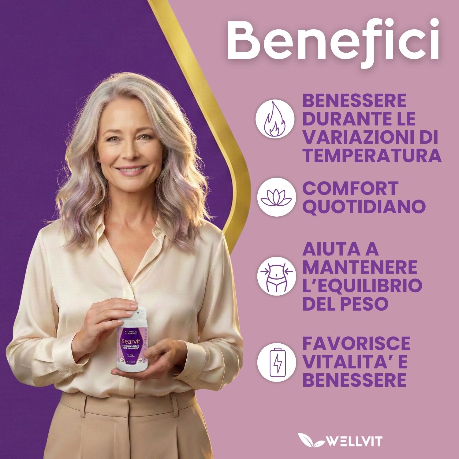 Donna tiene flacone di pillole. Scritta: Kearvit, Integratore alimentare. Testo: Benefici. Loghi: Wellvit.