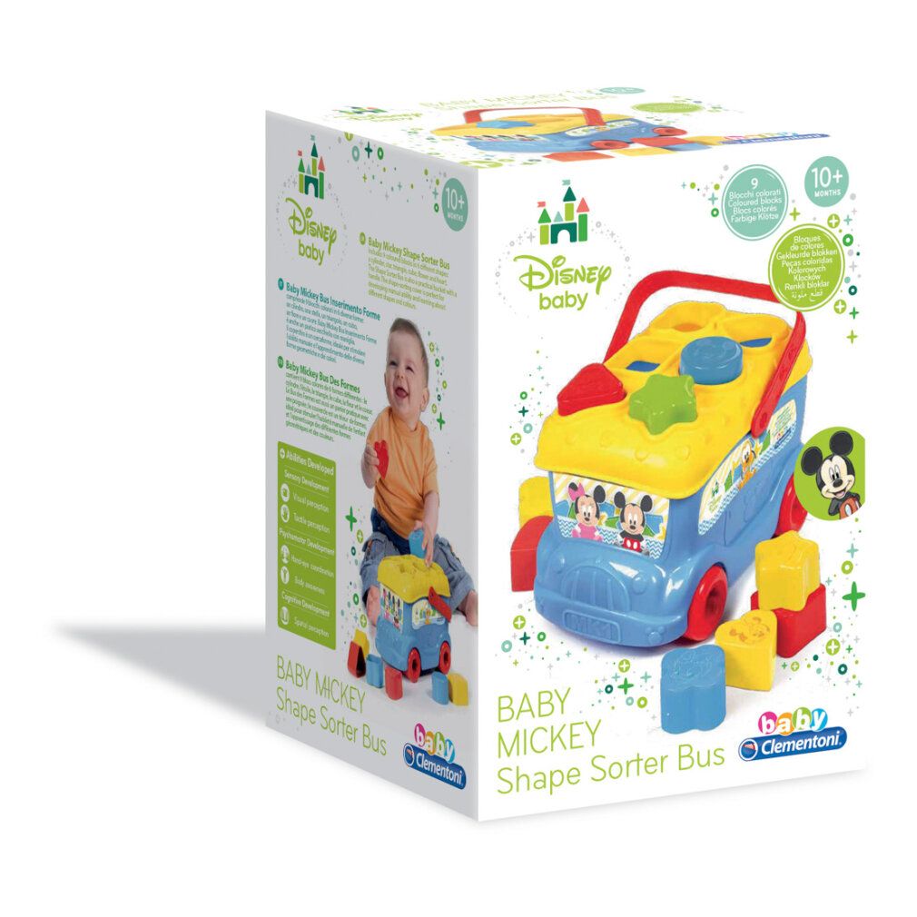 Confezione Baby Mickey Shape Sorter Bus. Mostra il giocattolo e un bambino. Contiene il logo Clementoni.