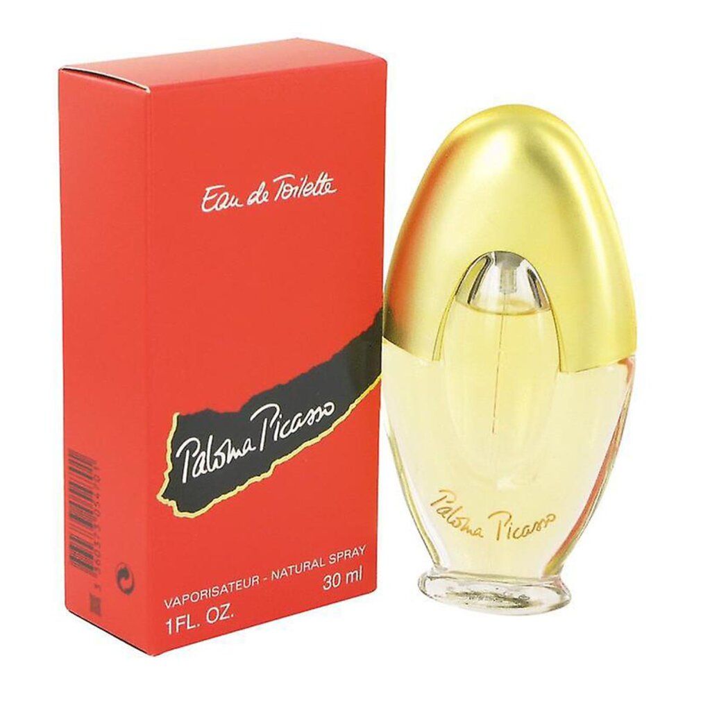 Flacone di profumo e scatola. Flacone ovale, tappo dorato, liquido trasparente. Scatola rossa, scritta Paloma Picasso.