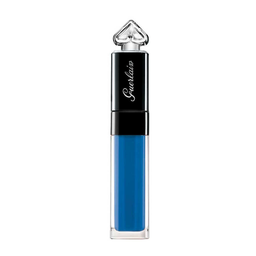 Tinta labbra blu in flacone trasparente. Tappo nero con logo Guerlain. Tappo trasparente.