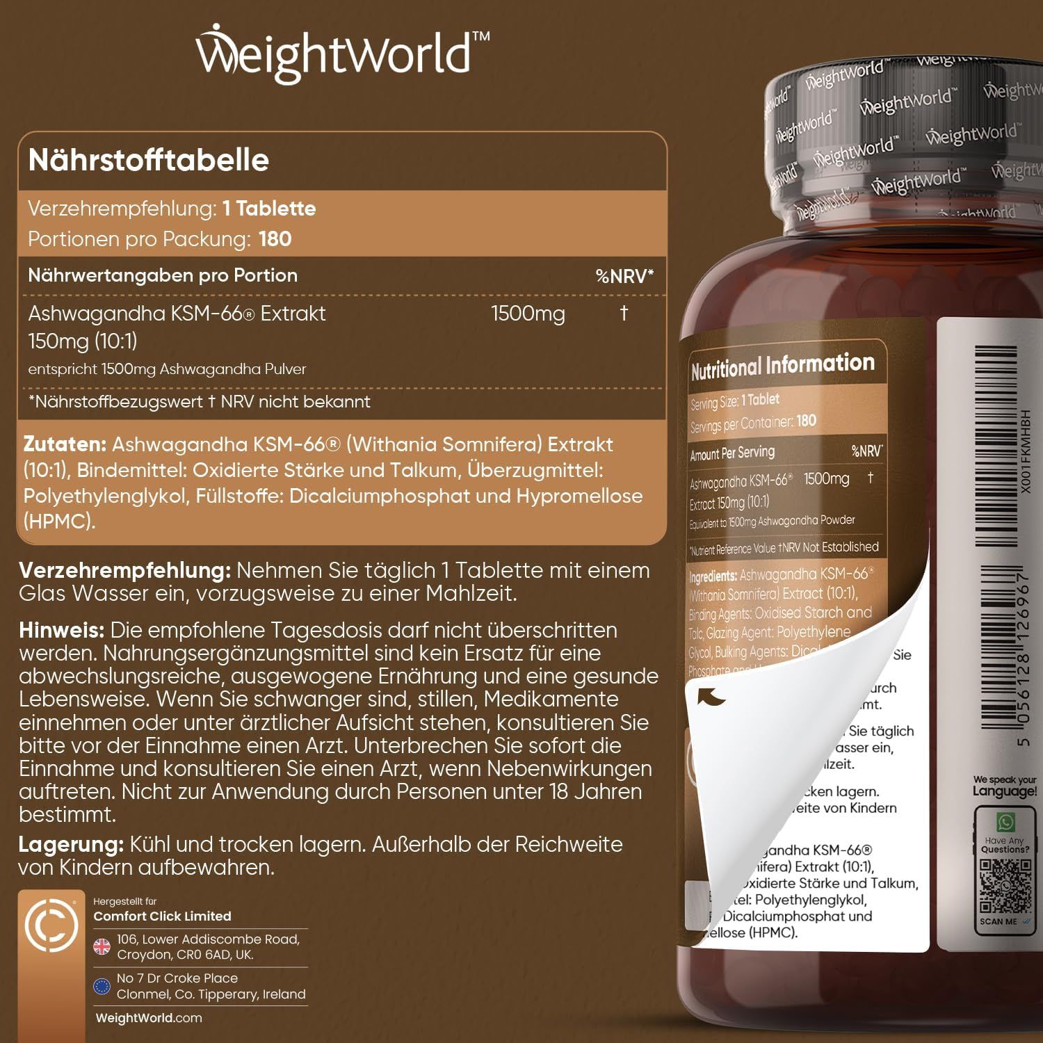 Tabella nutrizionale. Estratto di Ashwagandha KSM-66, 1500mg per compressa. Ingredienti, raccomandazioni, avvertenze. Testo in inglese.