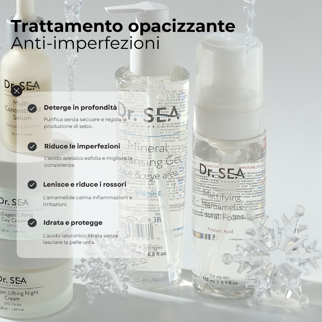 Diversi prodotti. Prodotti Dr. SEA, tra cui Mousse Opacizzante Anti-Imperfezioni. Testo e simboli.