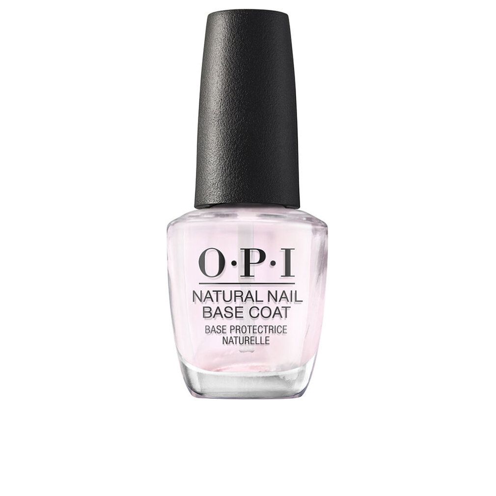 Base coat O.P.I Natural Nail. Liquido trasparente in flacone di vetro con tappo nero. Scritta del prodotto.