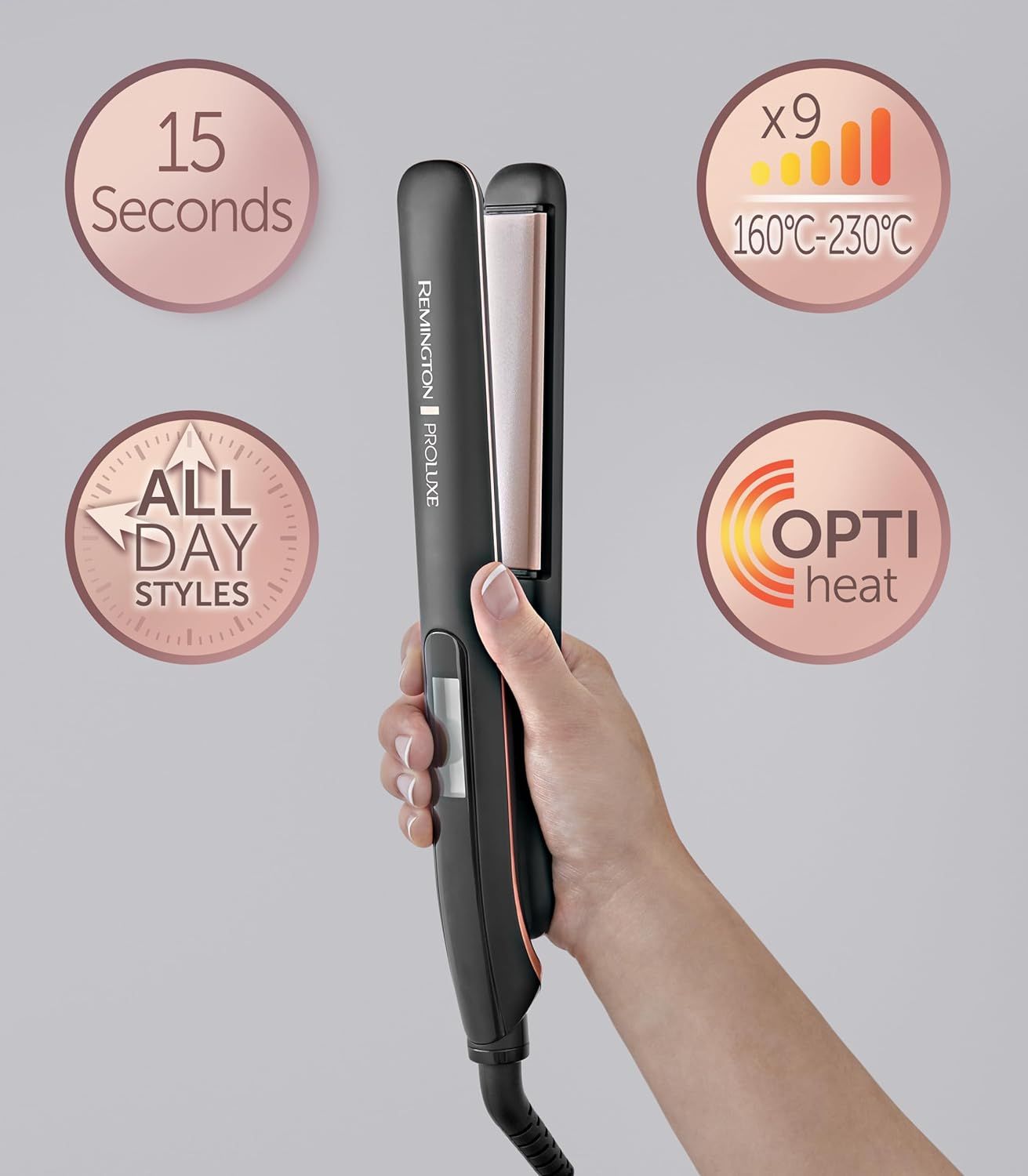 Piastra nera con dettagli oro rosa. Mano che tiene l'apparecchio. Grafici circolari mostrano funzioni: 15 secondi, 160-230°C, OPTIheat, All Day Styles.