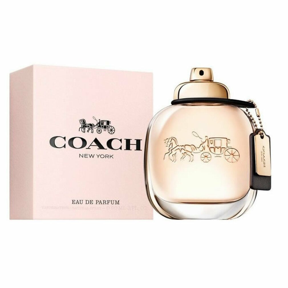 Flacone Coach New York Eau de Parfum. Rotondo, tappo dorato, ciondolo. Logo e carrozza.