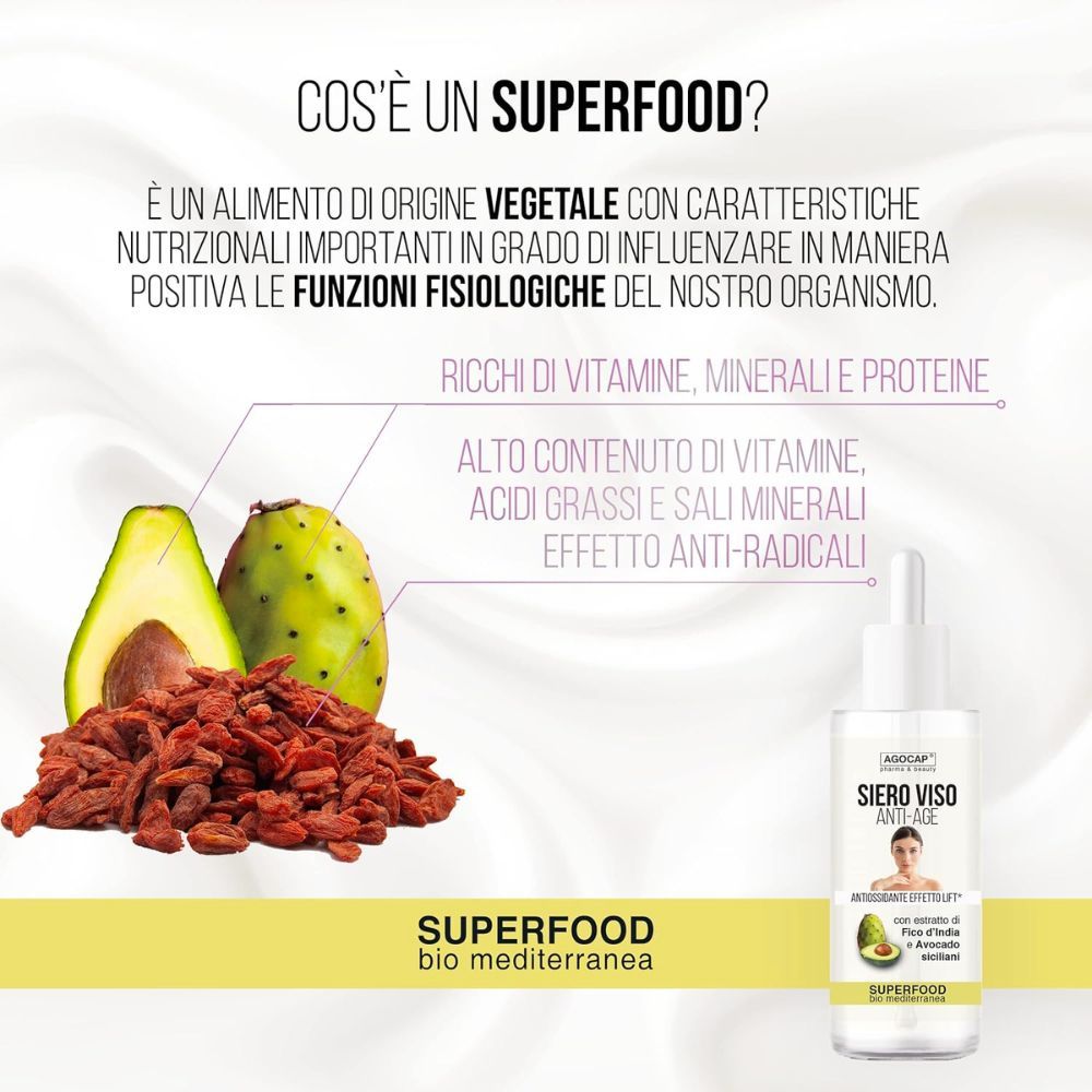 Flacone di siero viso. Scritta: Siero Viso Anti-Age. Con estratto di avocado e fico d'India. Superfood. Avocado, fico d'India e bacche di goji.
