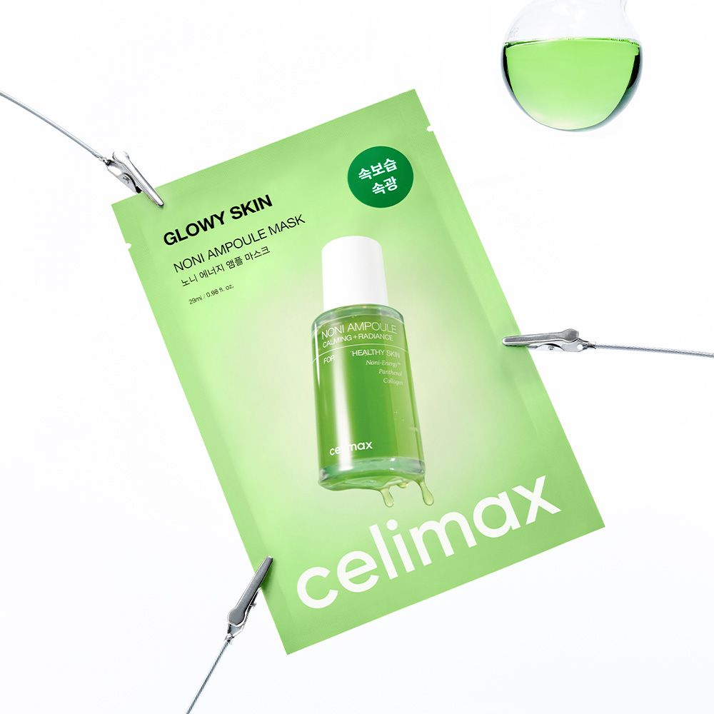 Celimax Noni Ampoule Mask bustina con flaconcino di siero e clip.