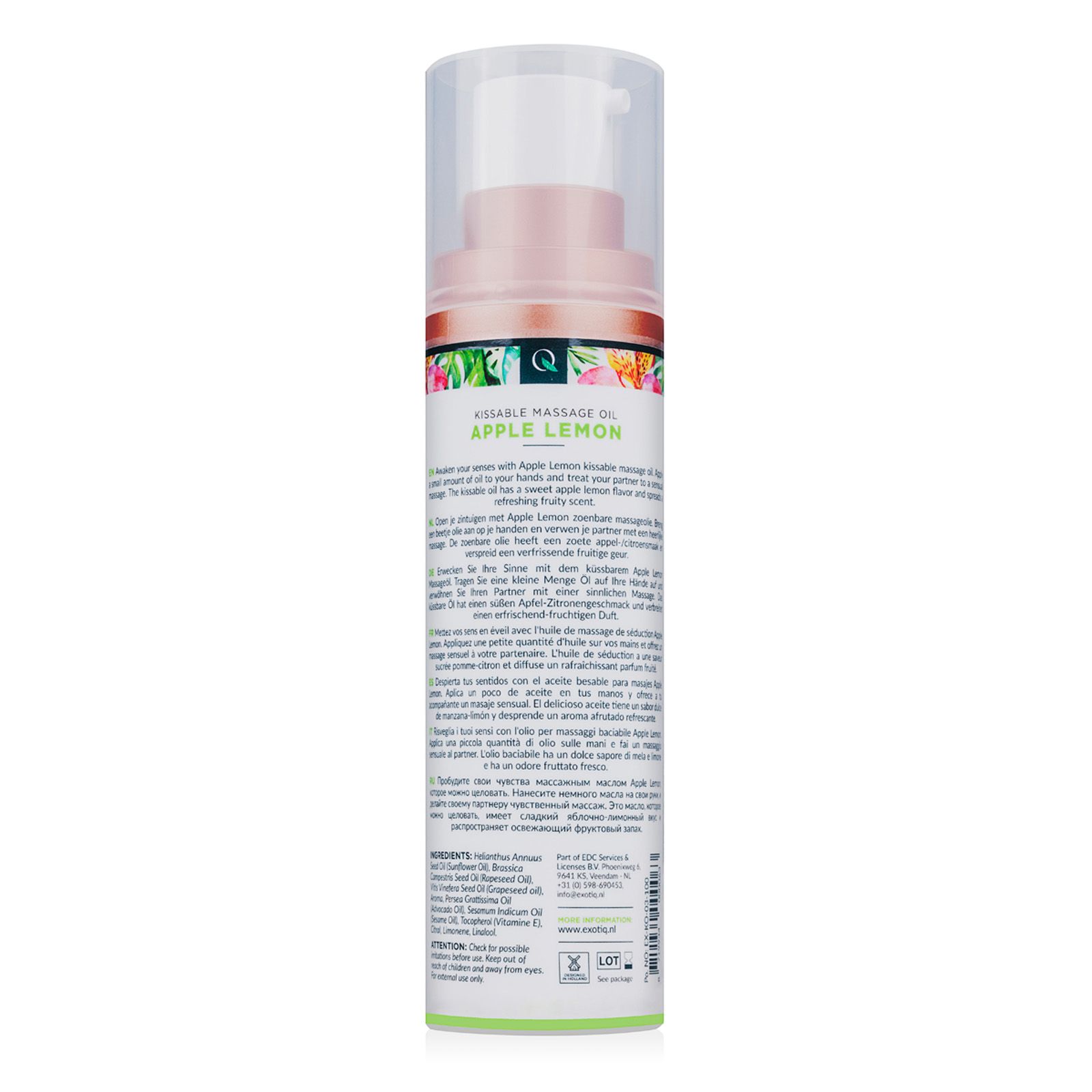 Retro del flacone di olio per massaggio con testo. Contiene informazioni sugli ingredienti e il produttore.