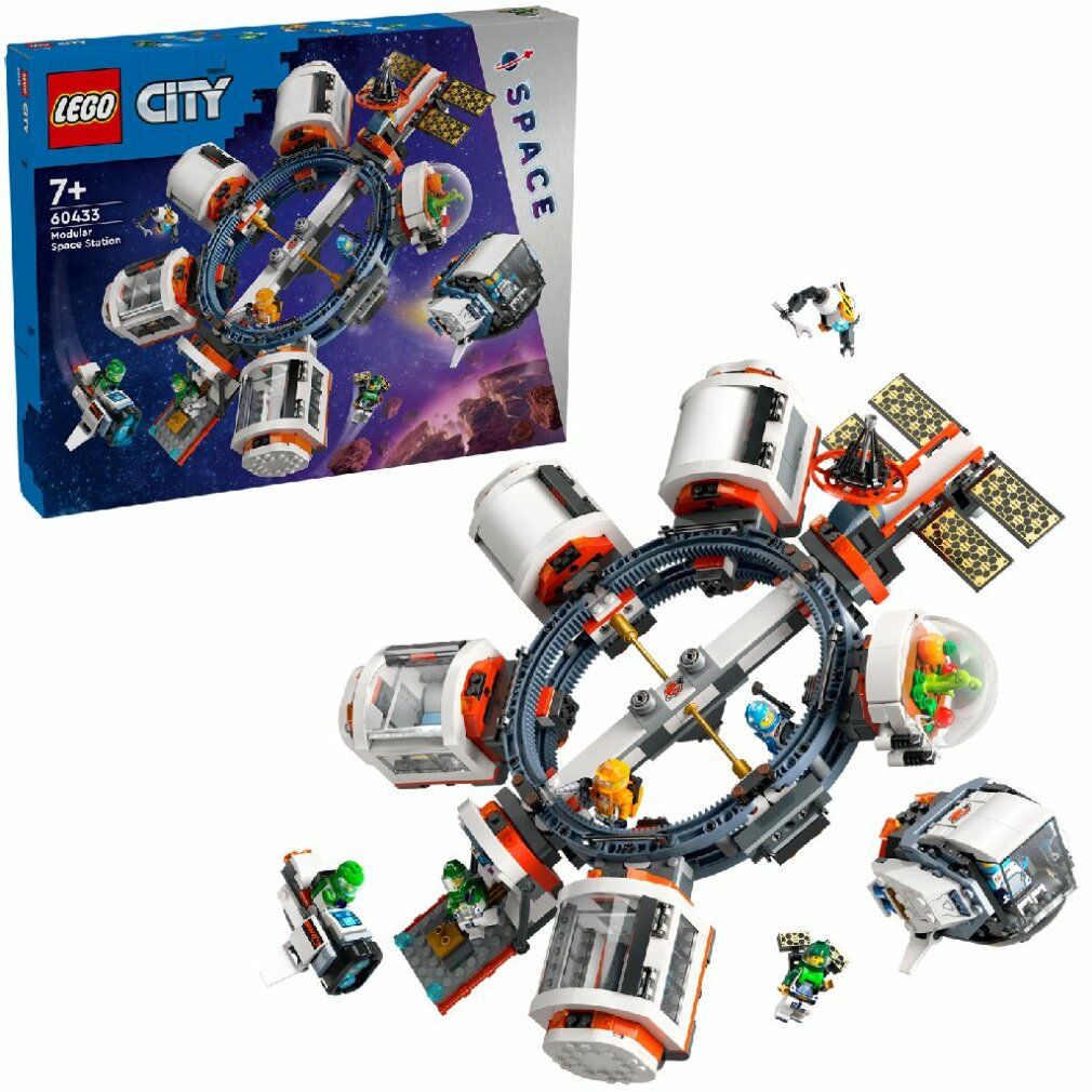 Set LEGO City Stazione Spaziale con navicelle e moduli. Include personaggi. Confezione sullo sfondo. Età consigliata: 7+.