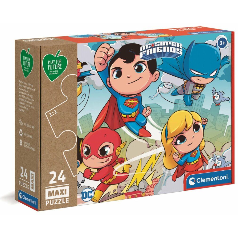 Scatola puzzle DC Super Friends. 24 maxi pezzi. Logo Clementoni. Confezione in materiale riciclato. Età: 3+