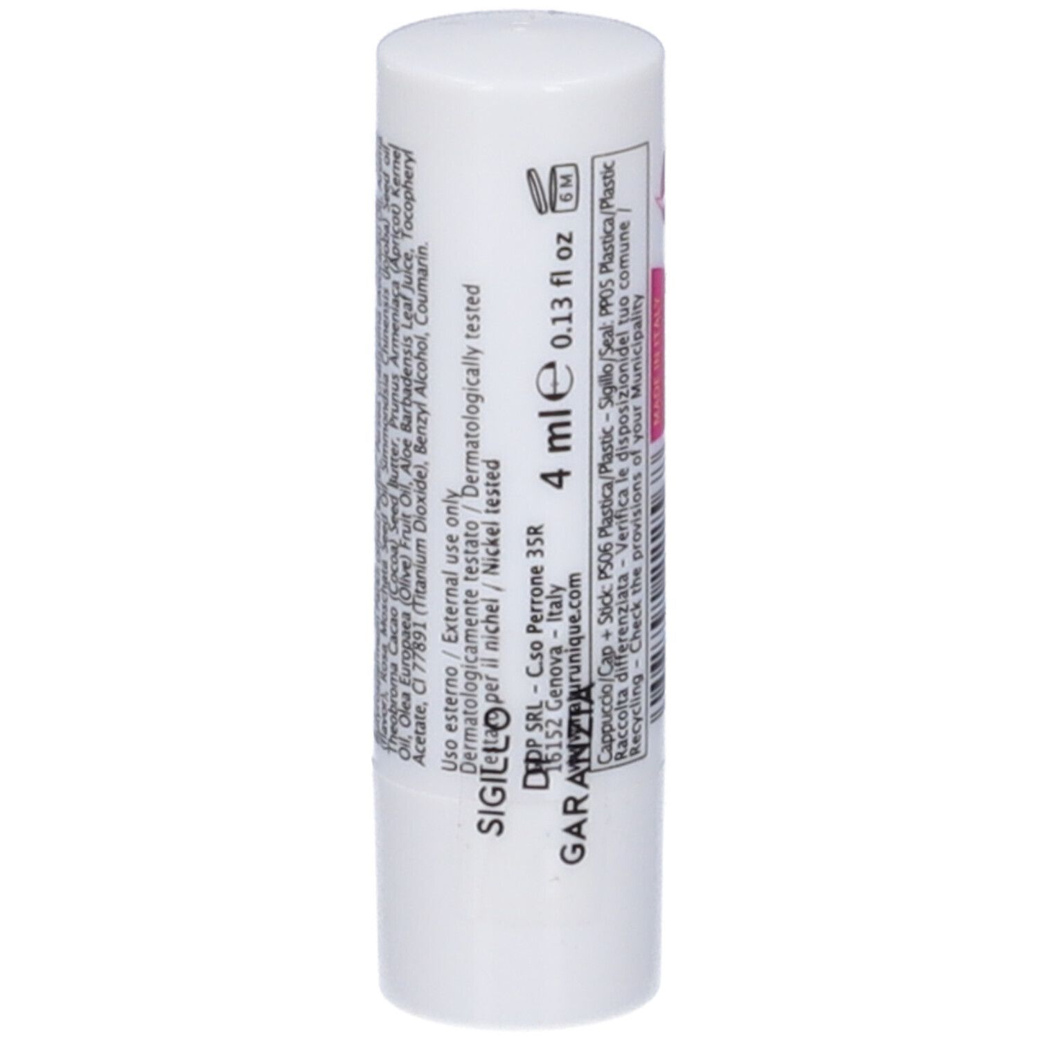 Stick labbra con etichetta rosa. Testo: Rosa Mosqueta. Volume: 4 ml. Testo: Dermatologicamente testato. Marchio: Natur Unique.