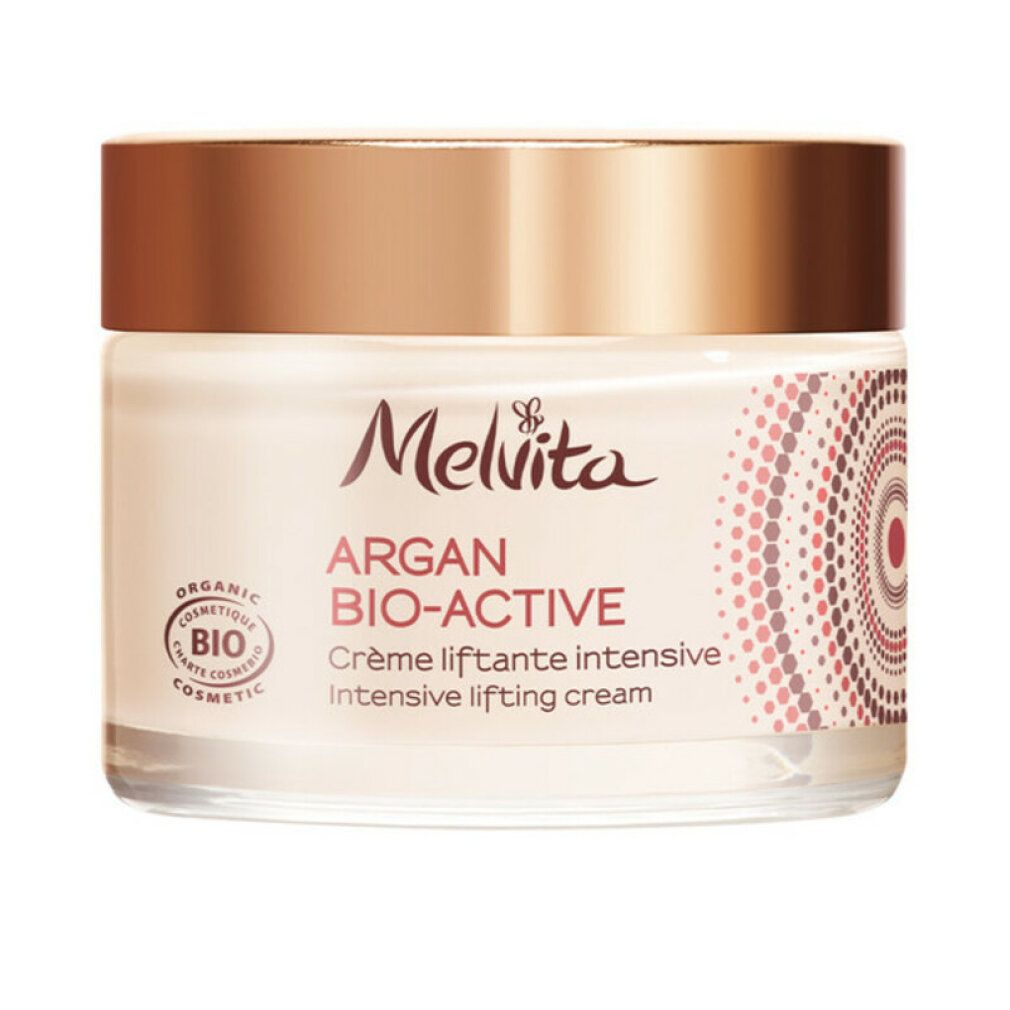 Vasetto di crema con coperchio dorato. Scritta: Melvita, ARGAN BIO-ACTIVE, Crème liftante intensive. Certificazione bio.