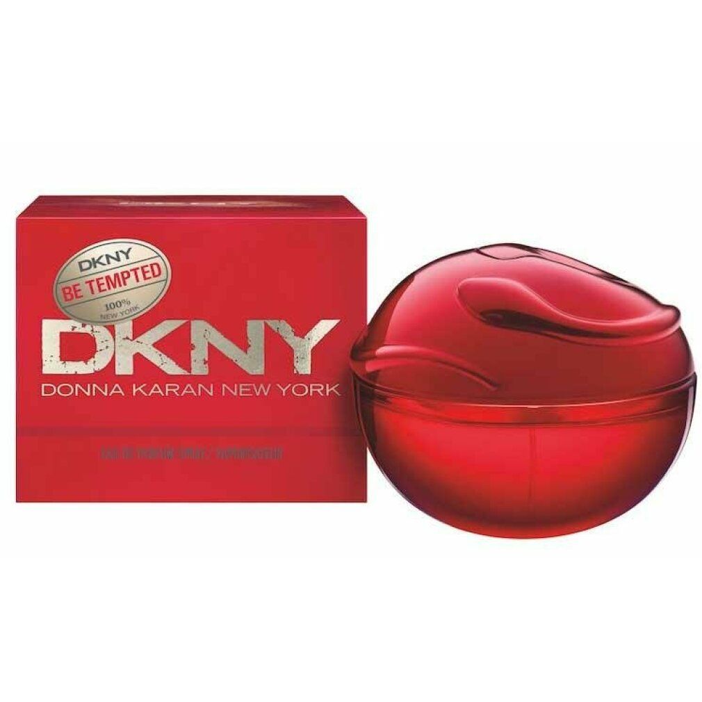 Flacone e scatola rossi. Flacone rotondo, rosso. Scatola con logo DKNY e 'Be Tempted'. Testo: Donna Karan New York.