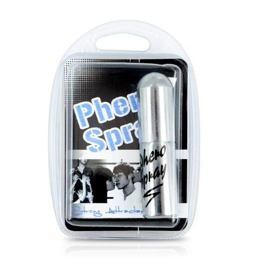 Confezione con spruzzatore argentato. Scritta: Phero Spray. Contiene 15 ml - 0.50 FL OZ.