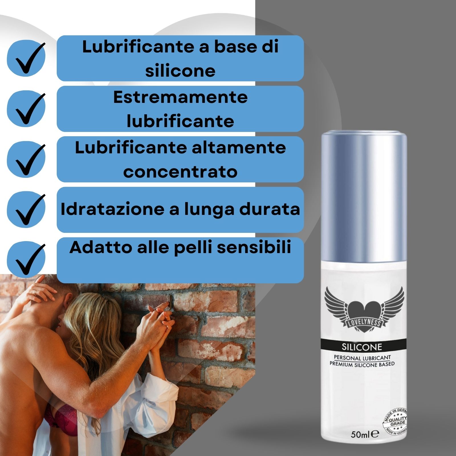 Flacone di lubrificante al silicone con tappo argento. Testo: SILICONE. Coppia che si abbraccia. Testo: A base di silicone, molto lubrificante.