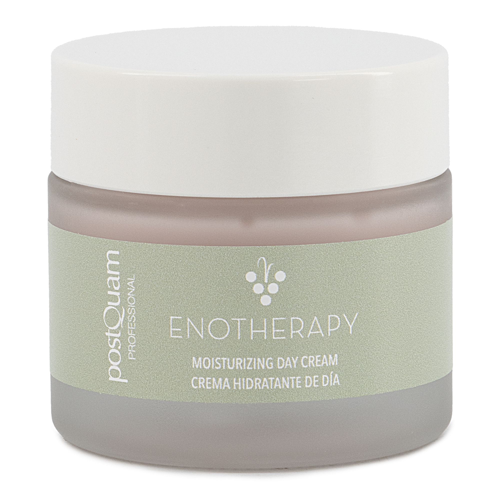 Vaso di crema con coperchio bianco. Scritta: PostQuam, Enotherapy, Moisturizing Day Cream. Adesivo verde.