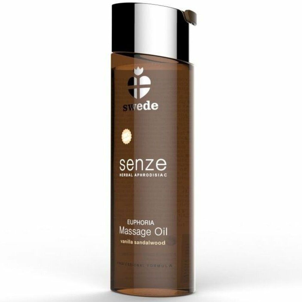 Flacone marrone con tappo argentato. Scritta: Swede, senze, Euphoria Massage Oil, vanilla sandalwood.