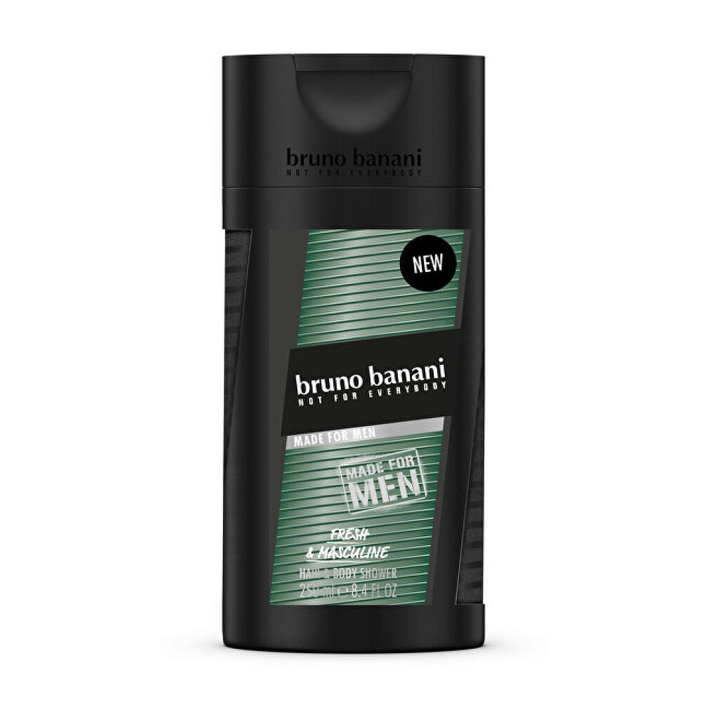 Flacone di gel doccia nero con etichetta verde. Scritta: Bruno Banani Made for Men. Con adesivo "NEW".