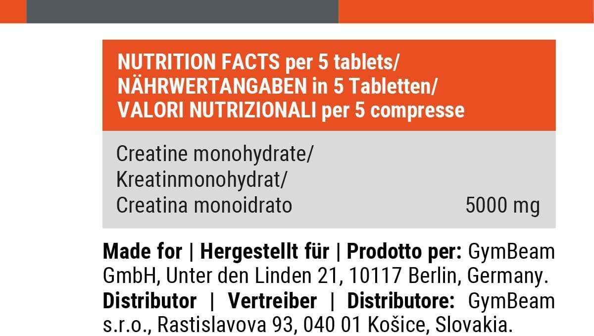 Valori nutrizionali per 5 compresse di creatina monoidrato: 5000 mg. Prodotto per GymBeam.