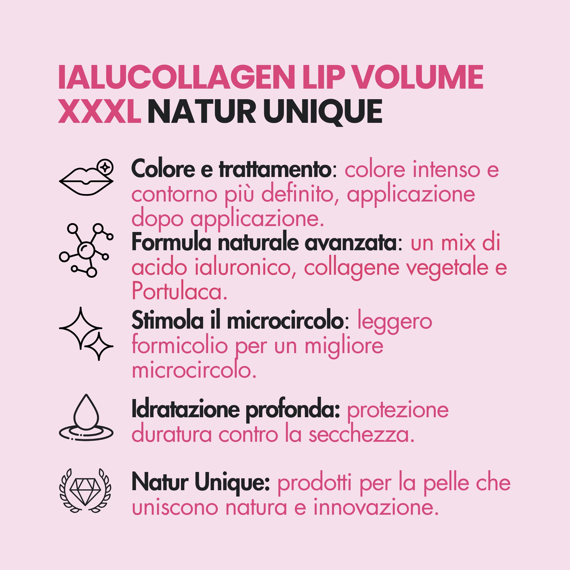 Informazioni sul prodotto labbra: colore, formula, microcircolazione, idratazione e marchio.