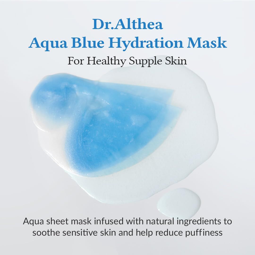 Maschera in tessuto Aqua blu con nome del prodotto. Testo: Dr.Althea Aqua Blue Hydration Mask. Per una pelle sana. Sfondo bianco.