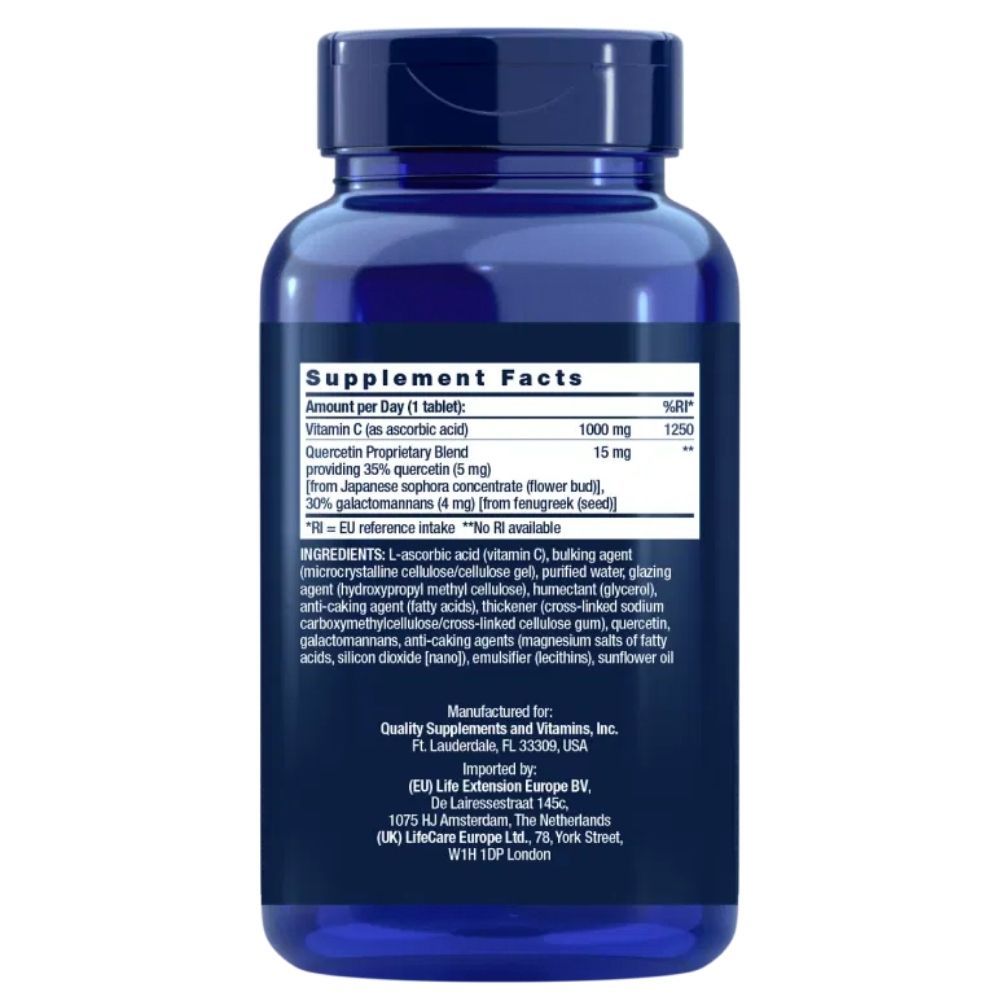 Flacone blu scuro con etichetta 'Supplement Facts'. Contiene Vitamina C e Quercetina. Prodotto per Quality Supplements and Vitamins, Inc.