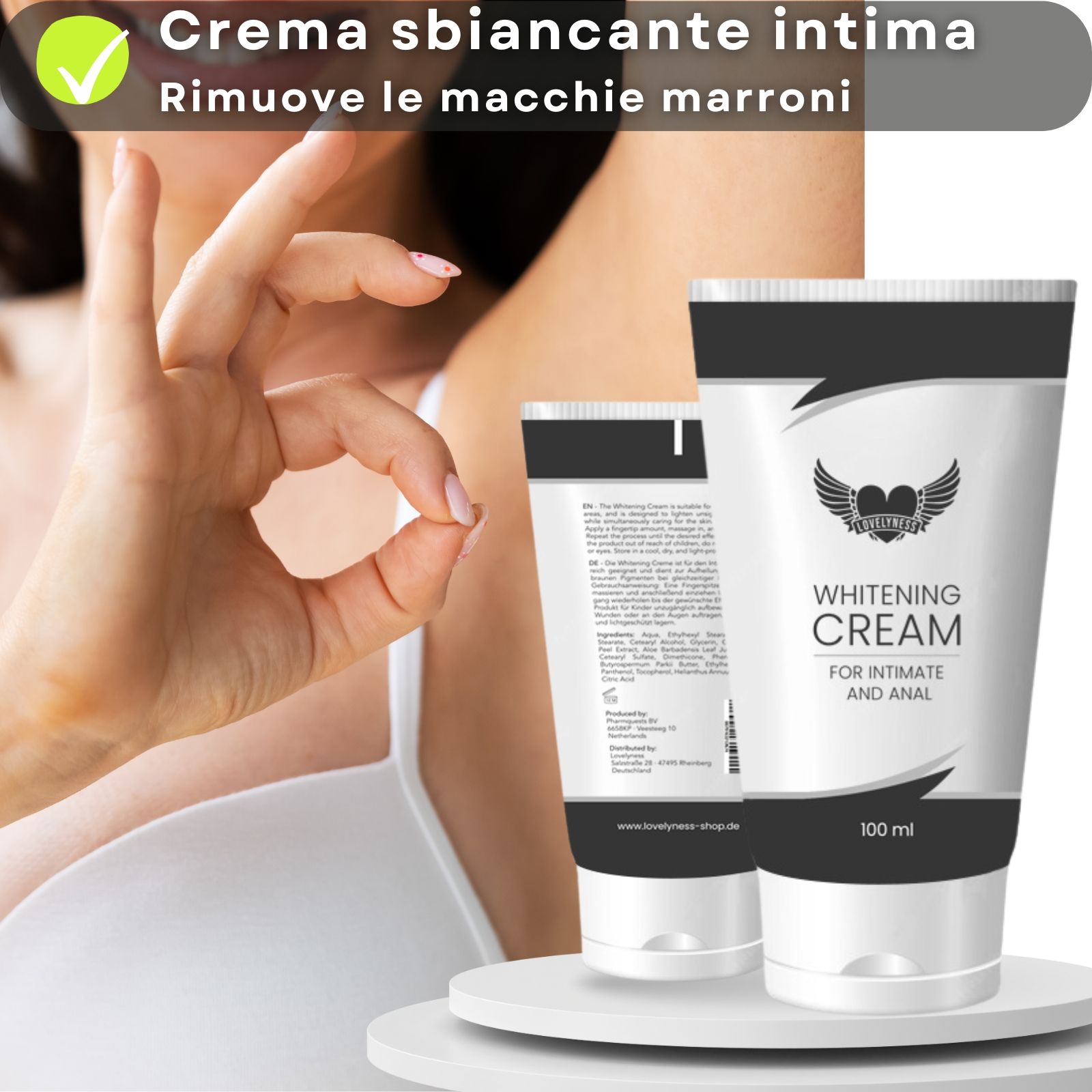 Tubo di crema. Testo: Whitening Cream, per intimo e anale. 100 ml. Due tubi. Sfondo: donna. Testo: Crema sbiancante intima.