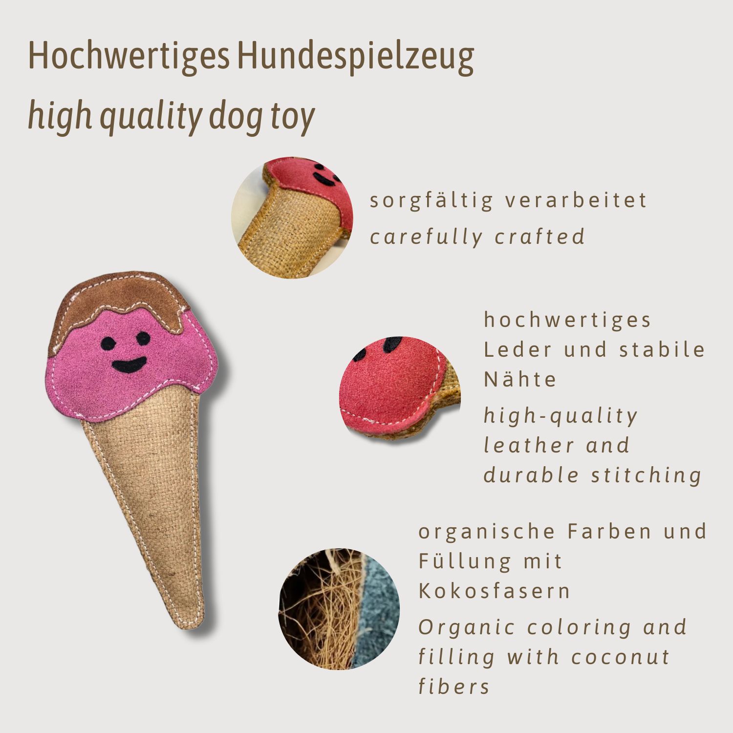 Giocattolo per cani a forma di gelato. Gelato rosa con salsa marrone su cono di iuta. Testo: Giocattolo per cani di alta qualità.